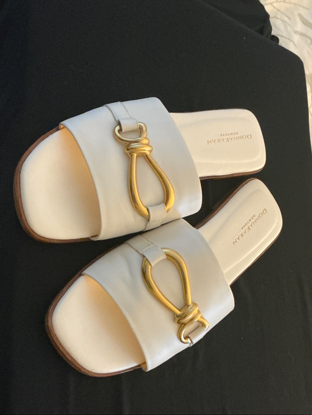 Donna Karan White Leather Slide Sandals with Gold Loop Hardware